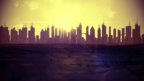 cityscape skyline ocean rising sea level silhouette skyscraper future climate 4k