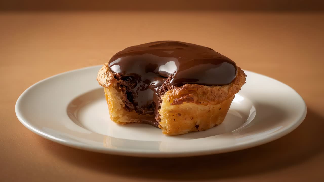 Centre révélé par une coupe partielle, pâtisserie débordant de chocolat fondu, se répandant sur une assiette blanche, ganache
