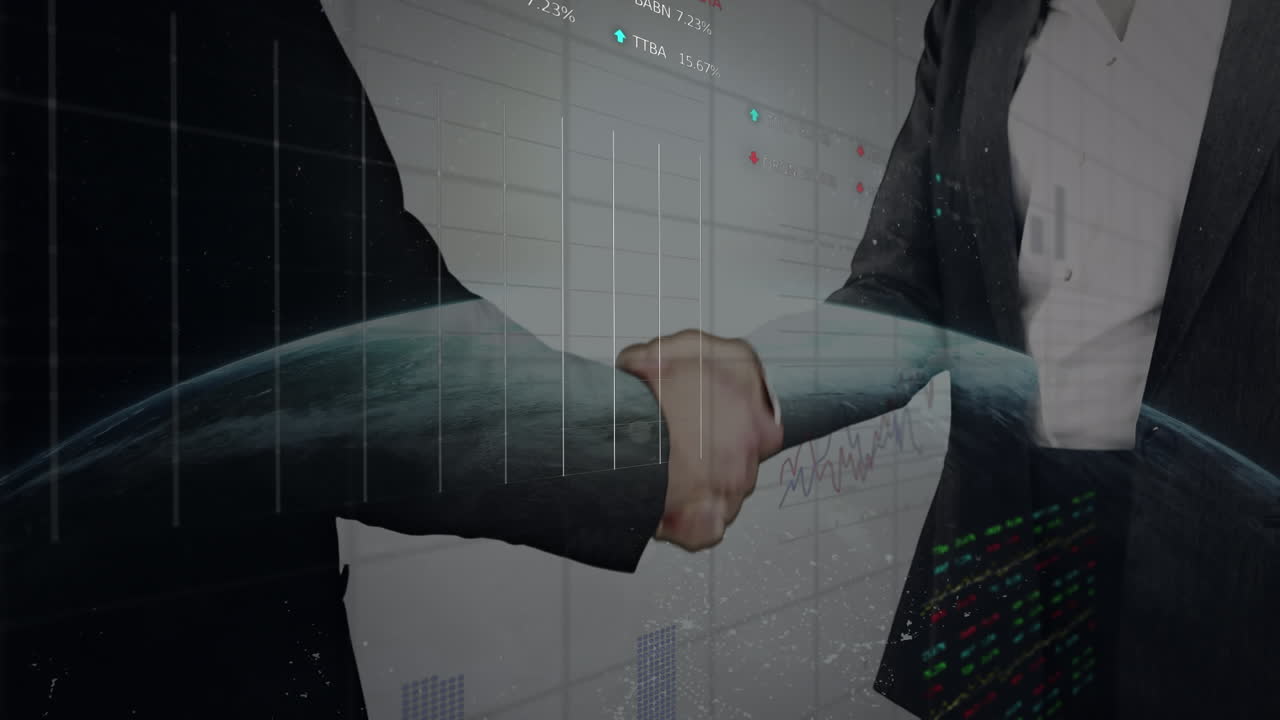 株式市場のデータ処理 ビジネスマンとビジネスマンが握手する中間セクション