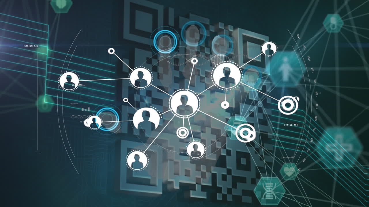 animación de la red de conexiones con iconos de usuario sobre código qr en espacio azul oscuro