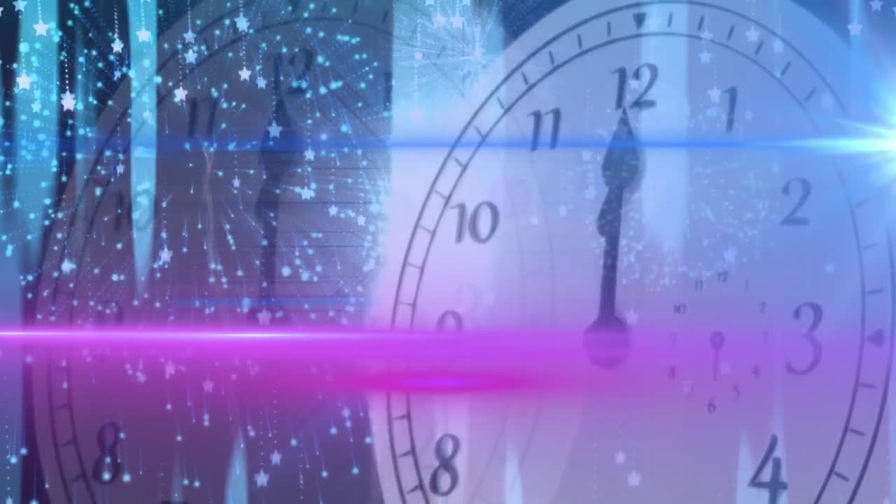 Animation of glowing spots and blue fireworks over new year's countdown clock showing midnight