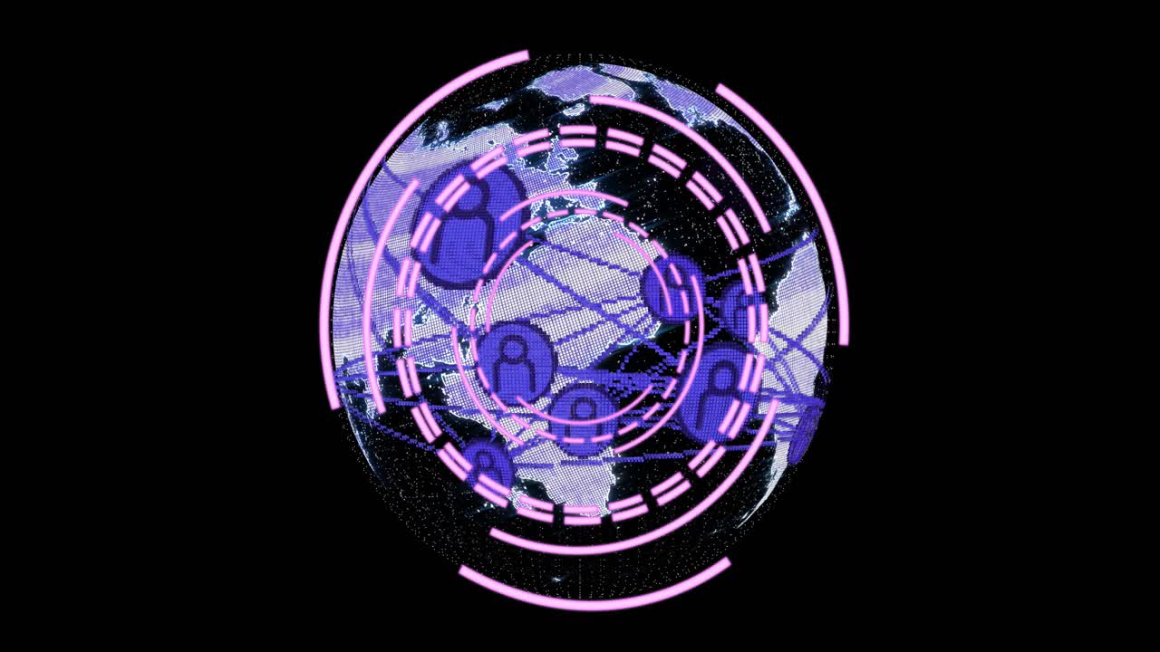 Emerging globe rotating as magenta rings pulsing and icons linking with lines visualizing network