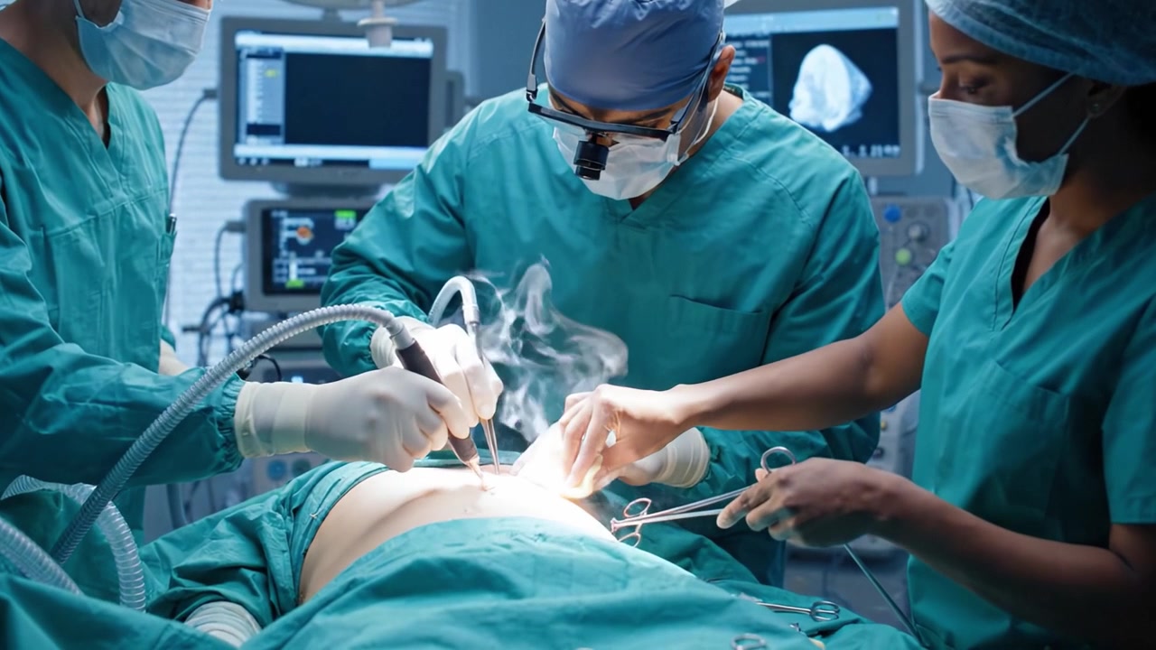 Quy trình phẫu thuật đang diễn ra: Một đội ngũ chuyên gia y tế đang thực hiện ca phẫu thuật cho bệnh nhân bằng các kỹ thuật tiên tiến và dụng cụ chính xác