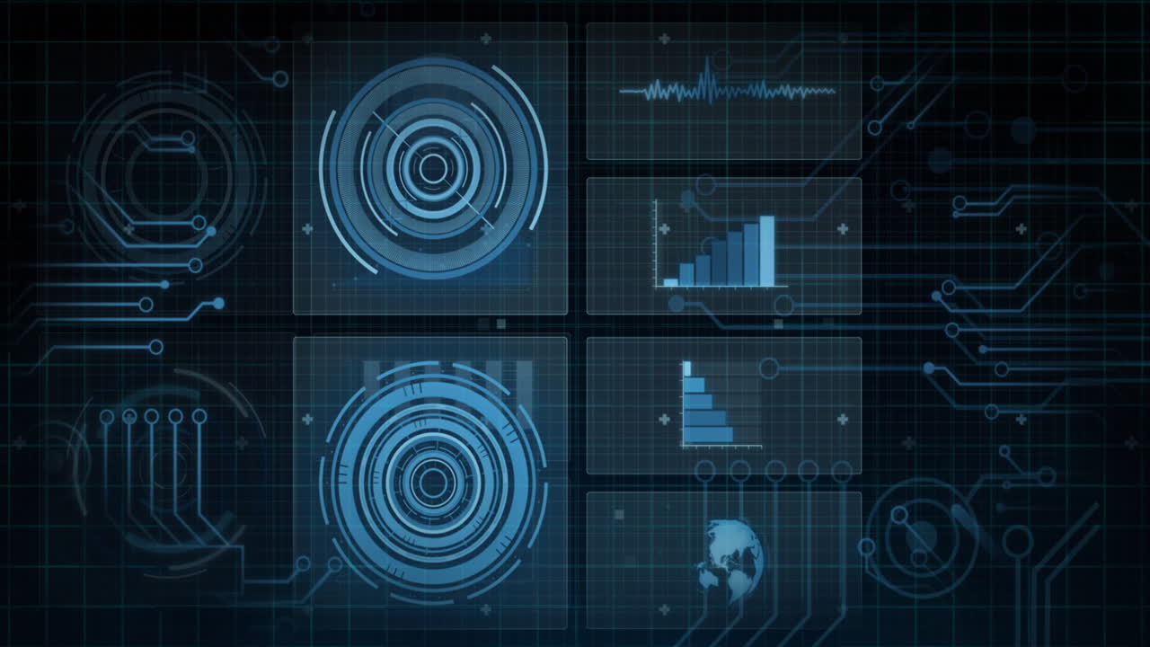 diagramas de datos digitales y gráficos de animación sobre el fondo de la interfaz futurista