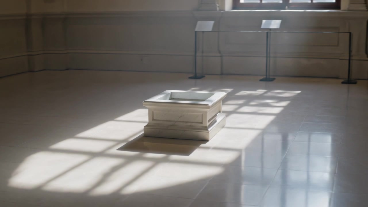 Luce solare che scivola proiettando la griglia di una finestra, mentre la telecamera panoramica a destra in una galleria, rivelando un piedistallo di pietra.