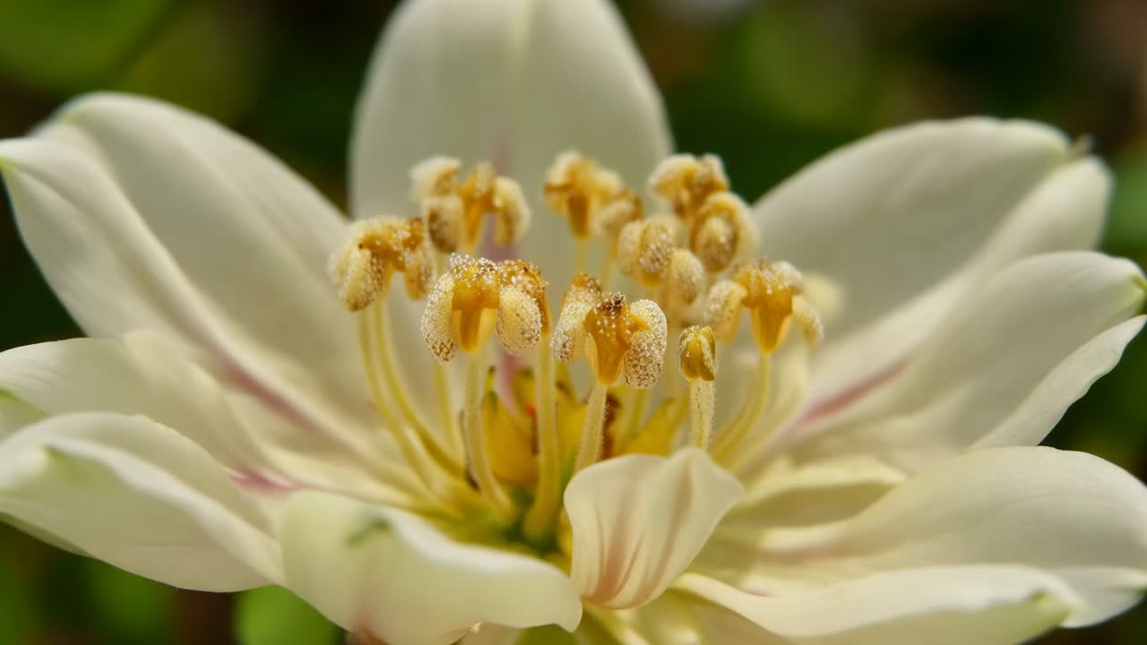 Rack-fokusobjektiv som trekker en enslig kremfarget blomst i fokus i hagen, og viser pollen på gule støvknapper