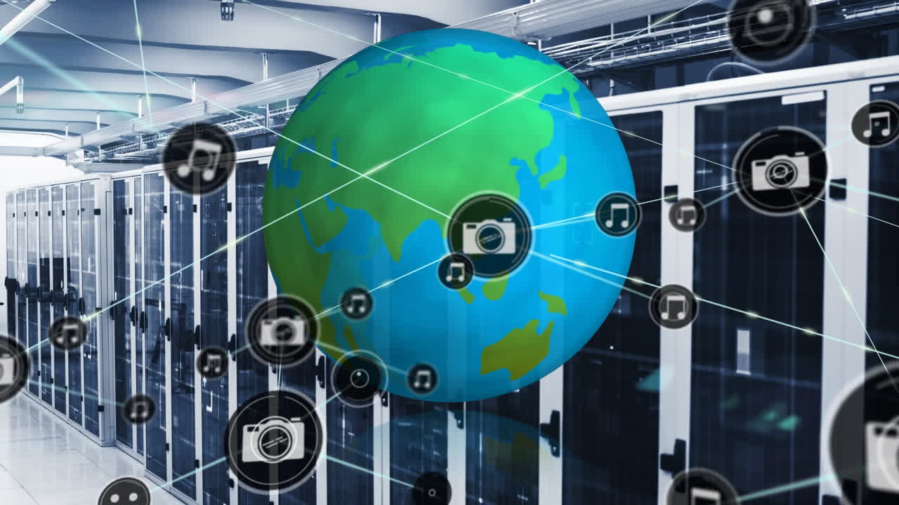 Animation af forbindelsesnetværk og globus med ikoner over serverrum