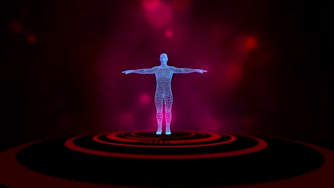 3d human avatar turning on virtual projection of red hud scape over black background with red bokeh flowing up.