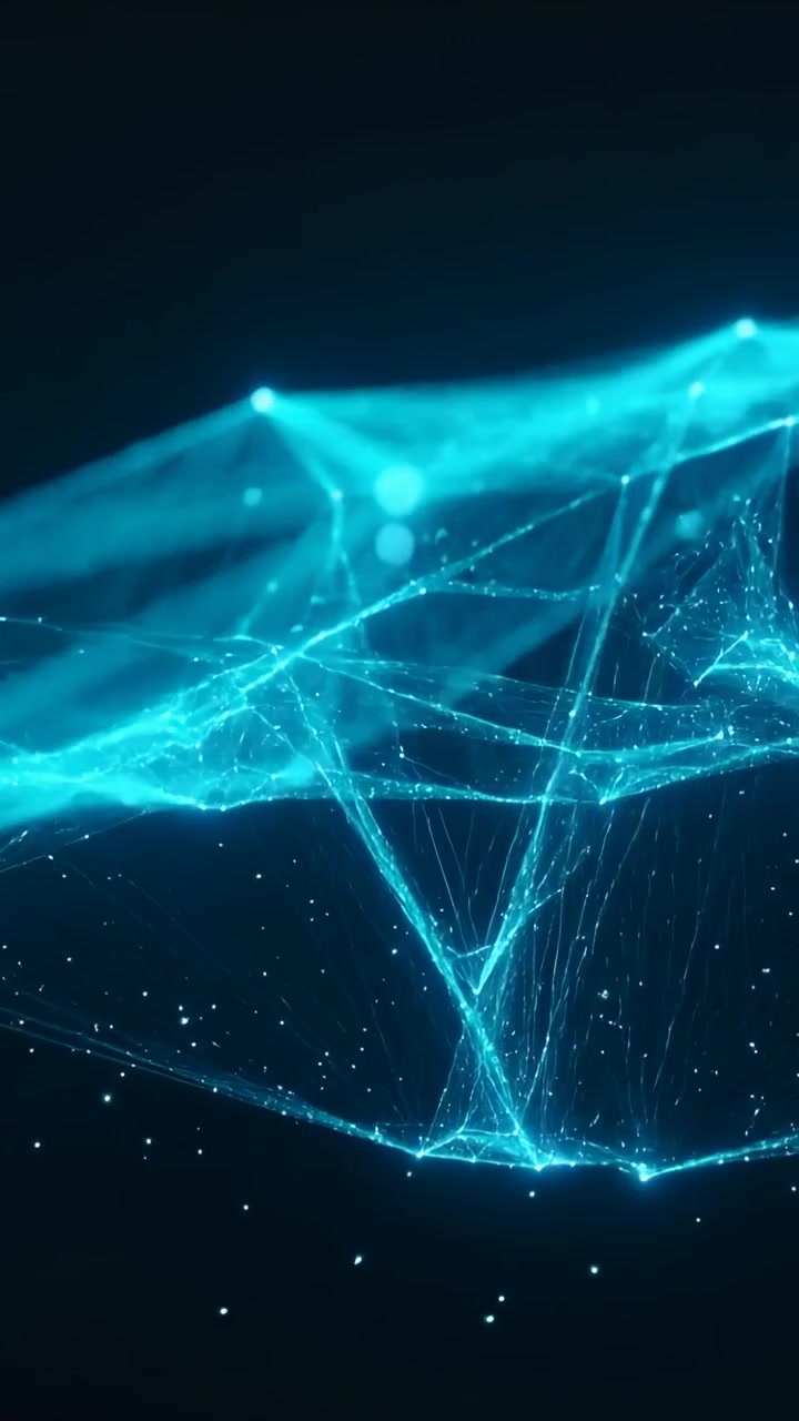 Vertical video: Starting cyan wireframe mesh shifting in void, sending strands, pulsing particles