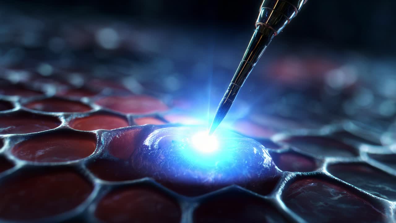 A Close-Up Exploration of Cellular Structures: The Transformative Moment of a Precision Tool Engaging with a Luminous Cellular Node to Illuminate Biological Innovation