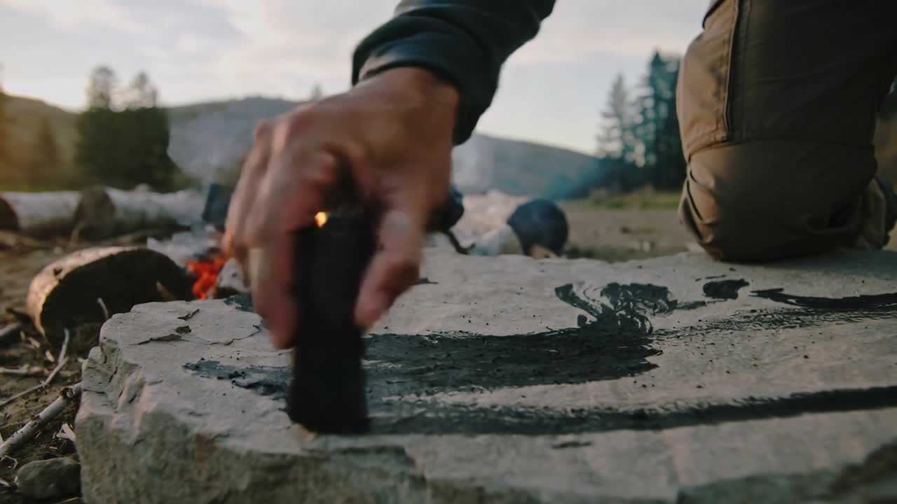 Mann kneler ved bålet, plukker en forkullet pinne og tegner en spiral på en stein for læring.