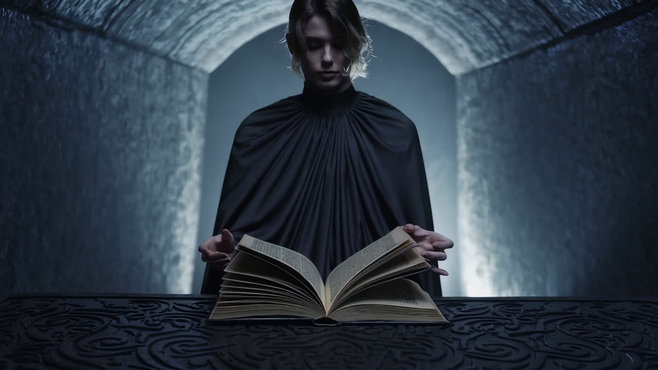 Woman Reading an Ancient Book in a Dark Tunnel