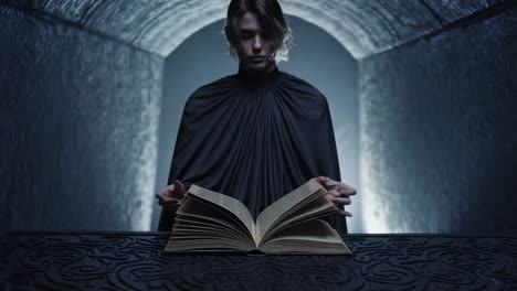 woman reading an ancient book in a dark tunnel