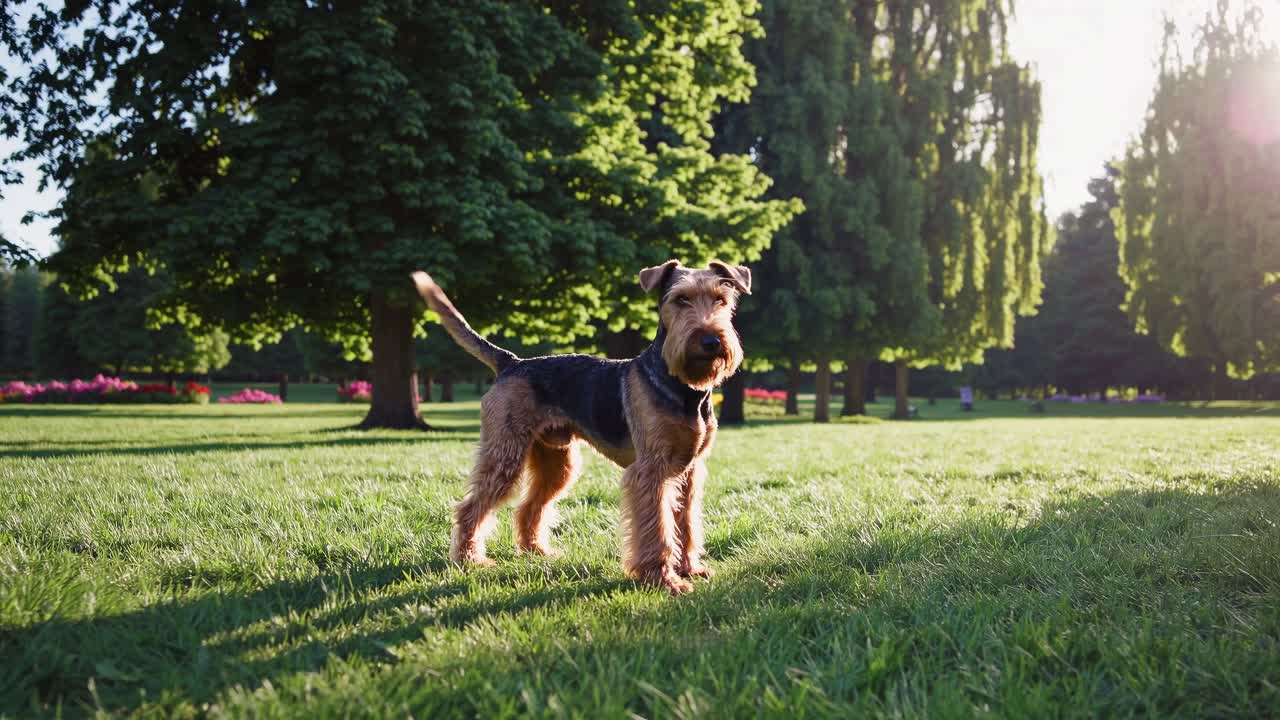 Airedale Terrier standing on lush grass in a sunlit park. Low-angle shot captures the dog's alert