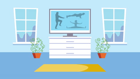 house place with broadcasting gymnastics on tv