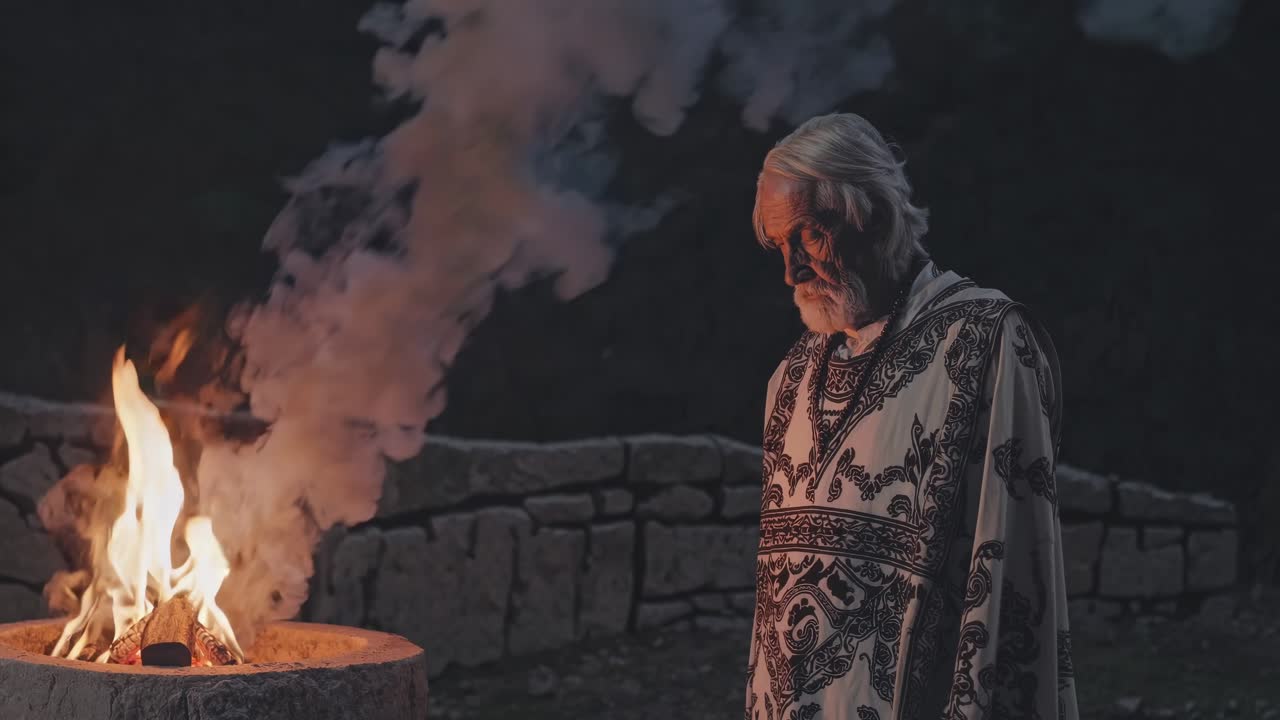 Elderly man in traditional attire stands contemplatively by a flickering fire pit, surrounded by swirling smoke and ancient stone walls, evoking a sense of mystery and reflection