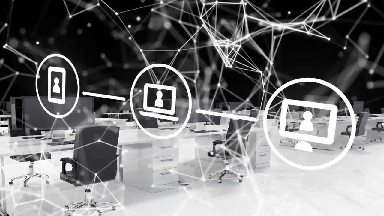 анимация сети соединений и цифровых икон по сравнению с 3d-моделью офиса.