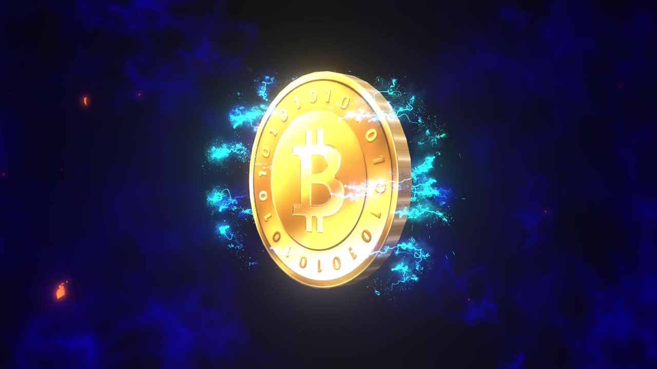 gran bitcoin de oro girando rodeado de partículas de energía y humo azul detrás de la animación 3d de fondo negro