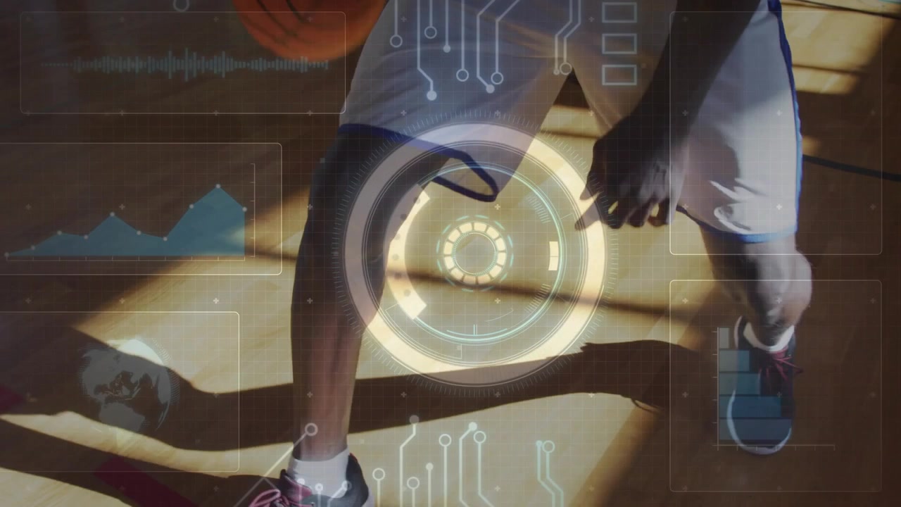 Athlete dribbling basketball on court for training, alternating hands with HUD highlighting rhythm