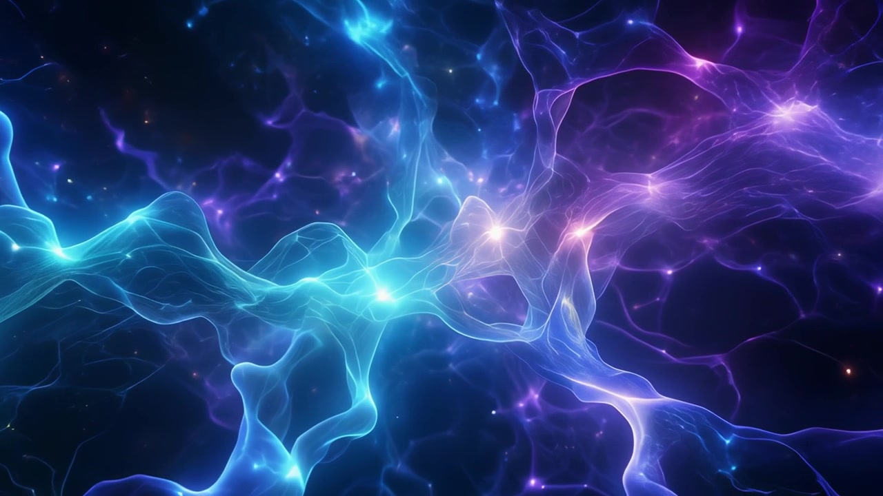 Ondas de energía abstractas azules y moradas resplandecientes en el espacio