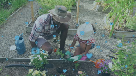 gardening together, man and child surrounded by social media icons animation