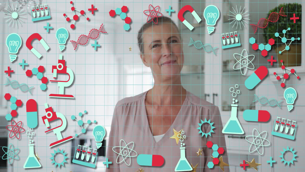 Mature woman looking upward in kitchen, with floating science icons and DNA strands overlaying grid