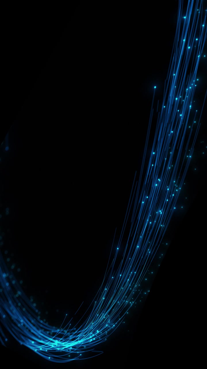 Baggrund med blå fiberoptisk kurve, glødende tråde, funklende punkter og sort negativt rum.