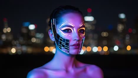 a stunning display of futuristic makeup highlights a female model against a dazzling cityscape, merging technology and art in a striking visual experience