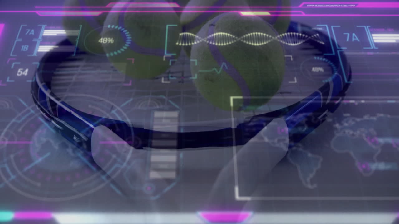 Close-up showing blue tennis racket frame and ball projecting hologram gauge, charts and world map