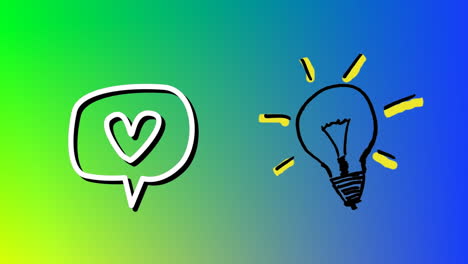 animación de iconos de corazón y bombilla que brillan sobre un fondo azul a verde