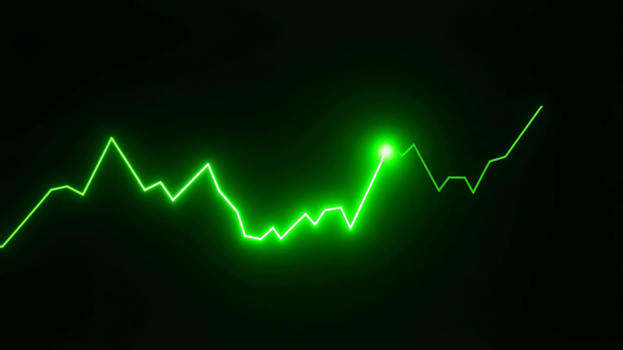Grafico a linee verde neon brillante si estende su uno sfondo nero con un picco centrale netto e un aumento verso destra, creando un aspetto moderno di visualizzazione di dati e finanza