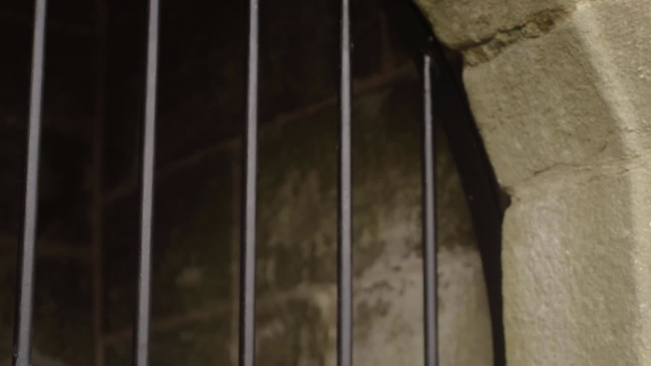 Metal bars outside old stone dungeon