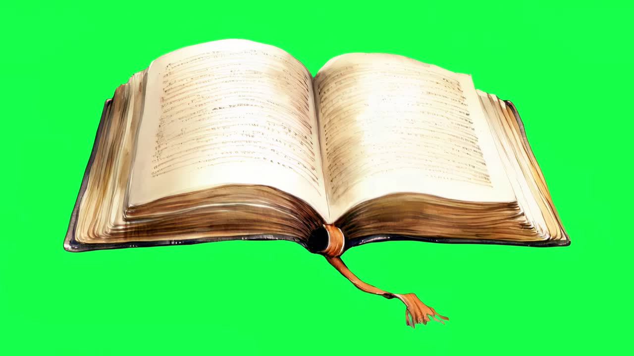Ancient book with musical notes animation, transparent 4K video, green screen
