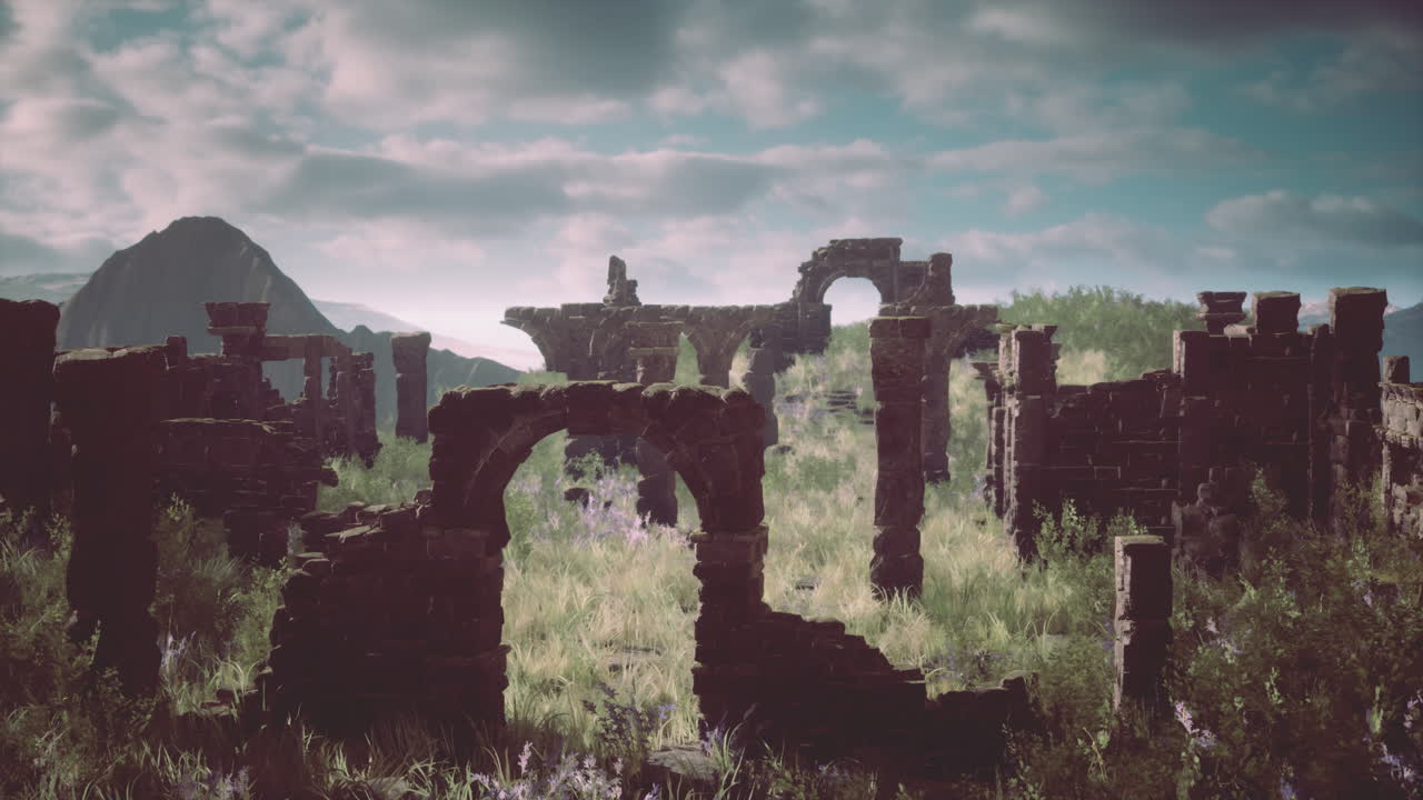 잔디 에 있는 고대 돌 건물 의 폐허