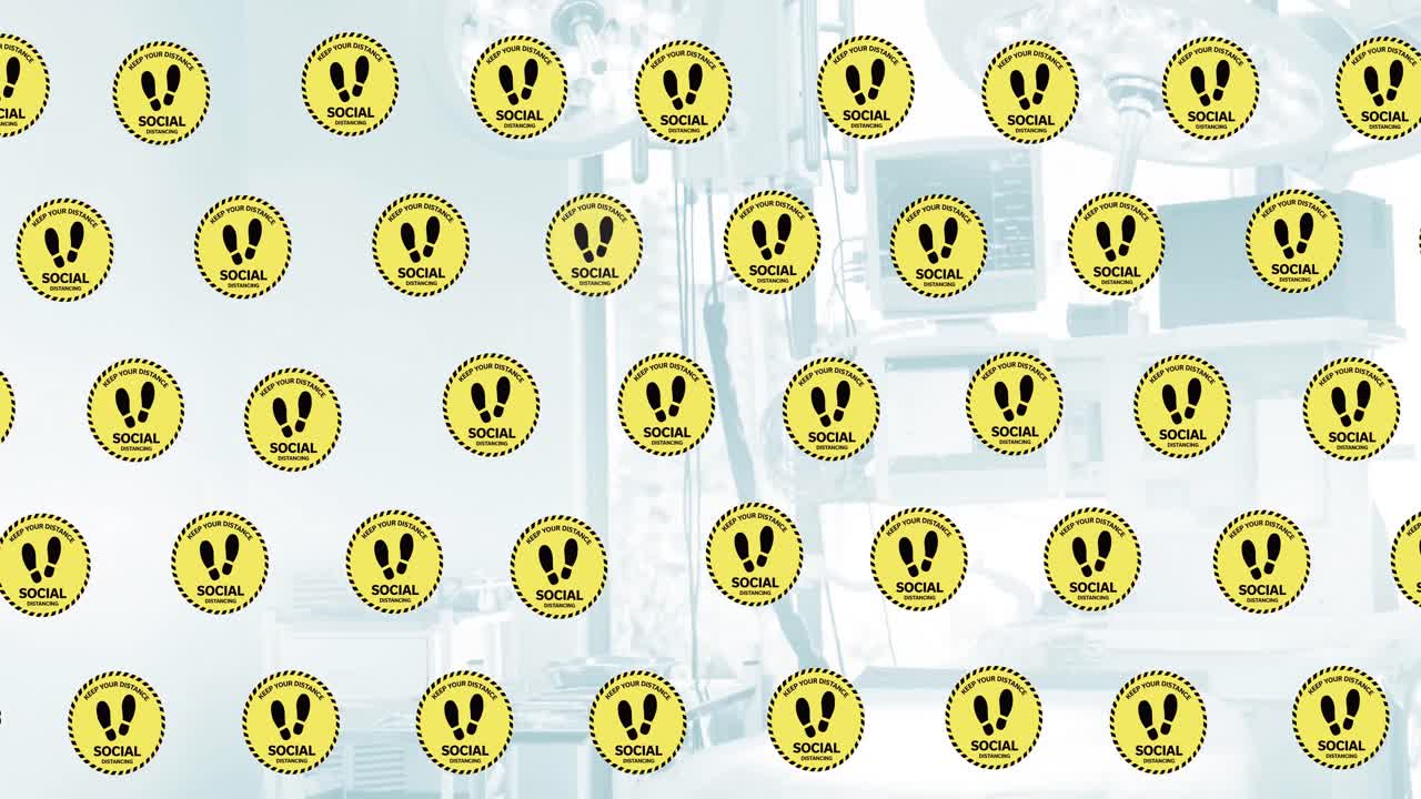 병원 위로 이동하는 사회적 거리두기 아이콘의 애니메이션