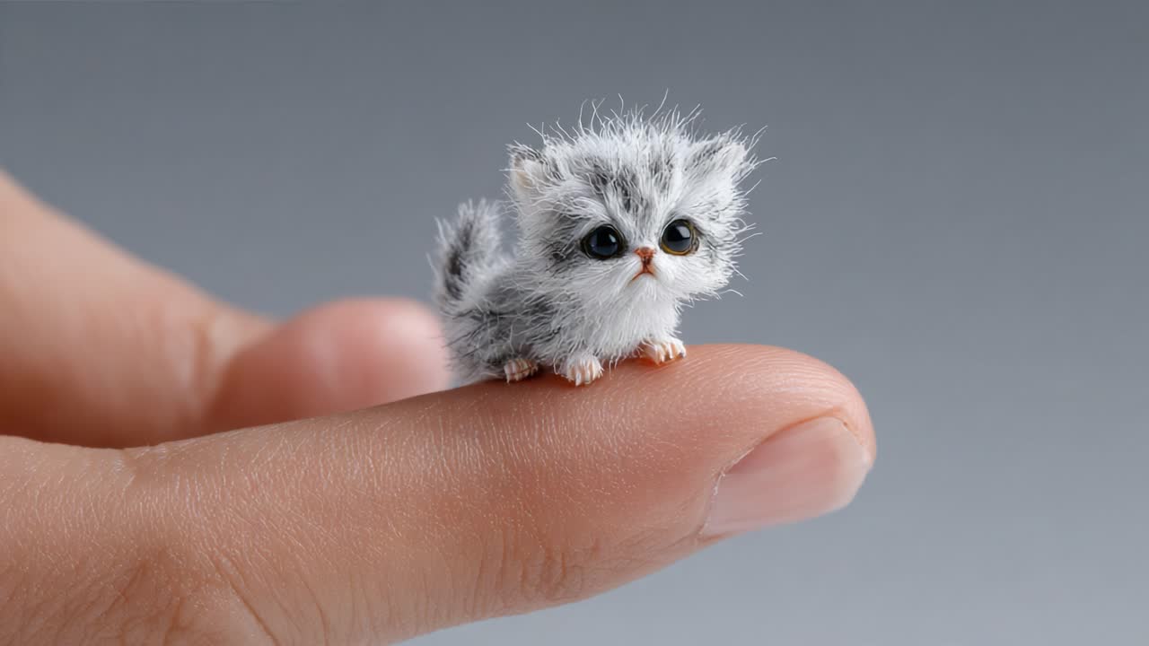 Adorable Miniature Kitten Perched on a Finger, Showcasing Its Fluffy Fur and Big Eyes in a Heartwarming Moment Captured in Time