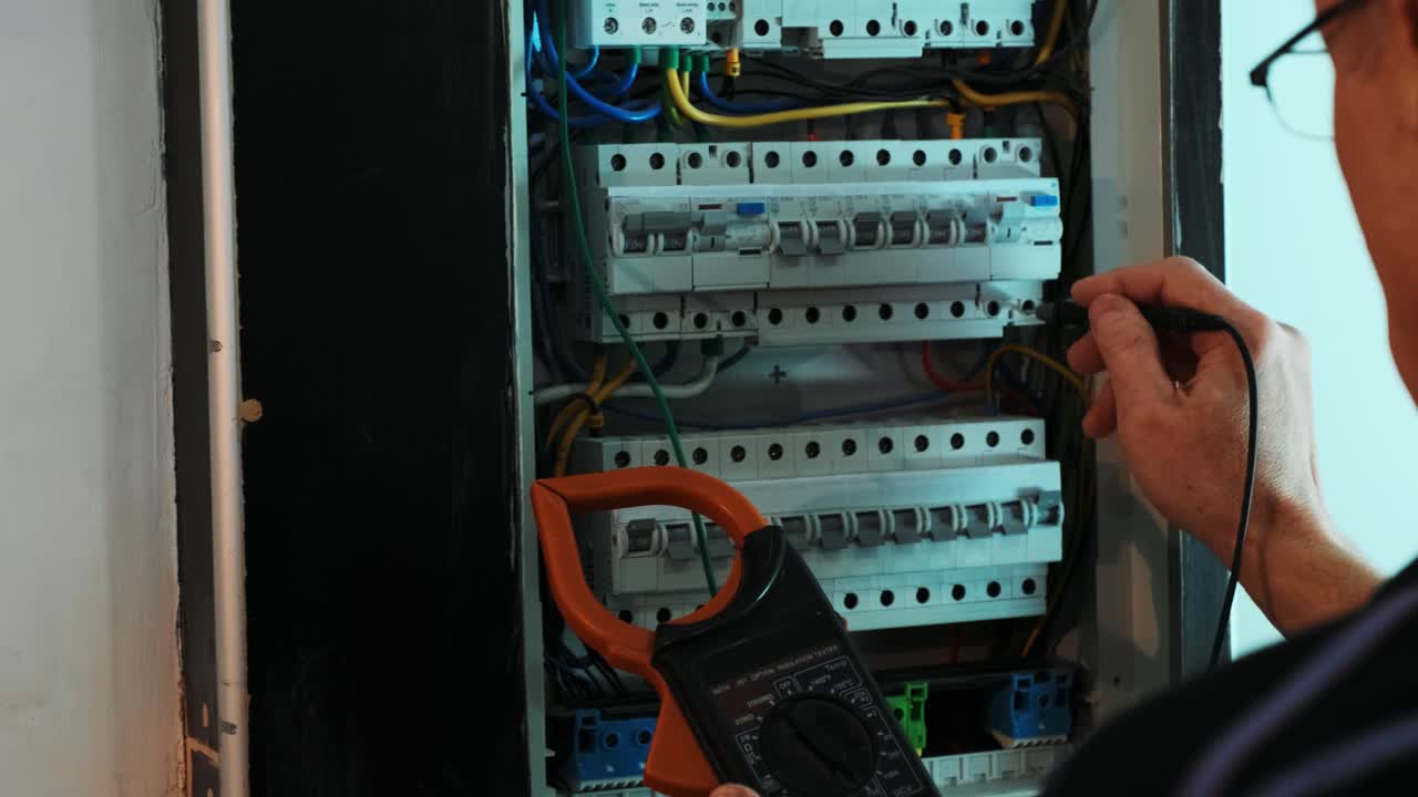 los electricistas ponen las manos a probar la corriente eléctrica en el panel de control. el ingeniero electricista trabaja midiendo el voltaje y la corriente de la línea eléctrica en el control del gabinete eléctrico.
