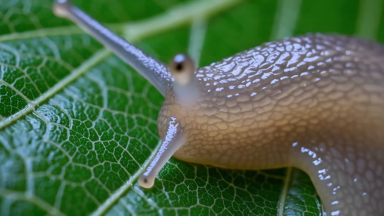 Close-up of a Slug on a Green Leaf