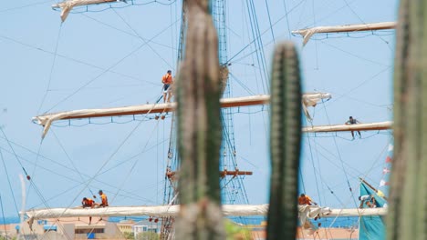 sailors checking on the rigging of a tall ship while it is docked in curaçao while it is docked in the harbor