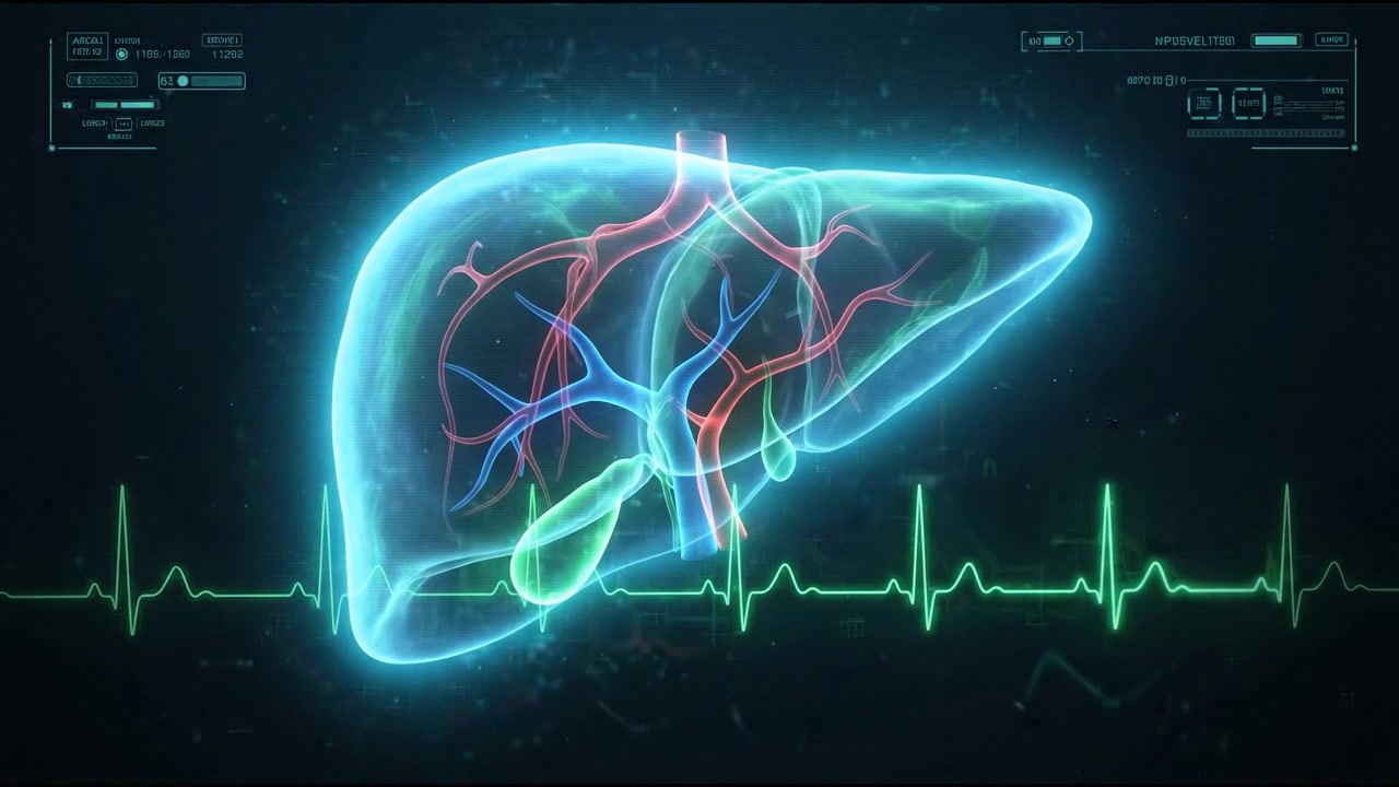 Advanced transparent torso scan with liver and vascular structures highlighted