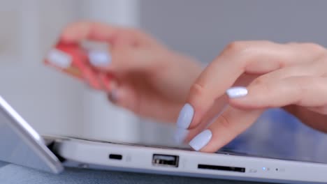 manos de una mujer usando el teclado de una computadora portátil y una tarjeta de crédito para comprar en línea