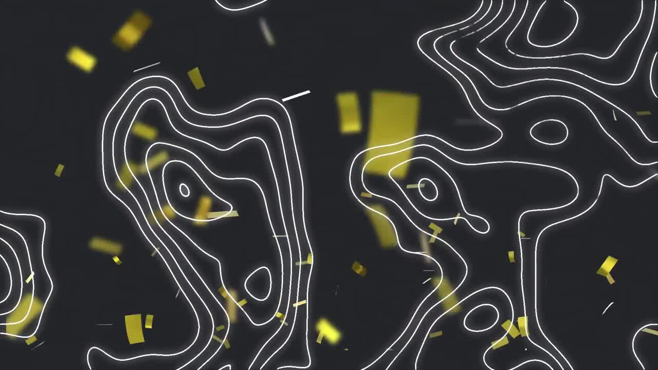 Animation of white contour lines moving over gold confetti falling on black background