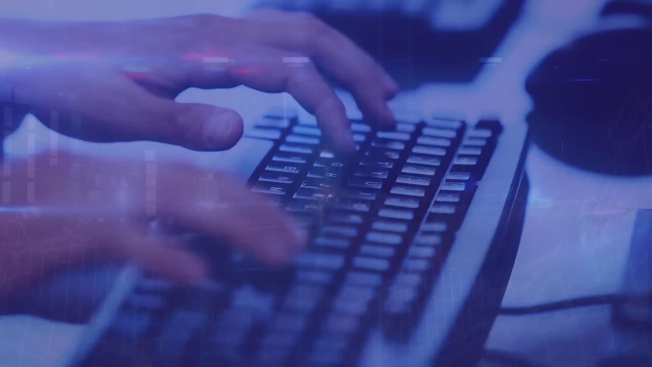 키보드에 타이핑하는 백인 남자의 손 위에 아이콘을 가진 연결 네트워크의 애니메이션