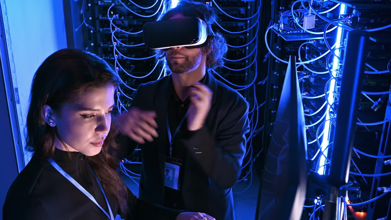 Woman programming in a server room while a man is using a Virtual Reality headset