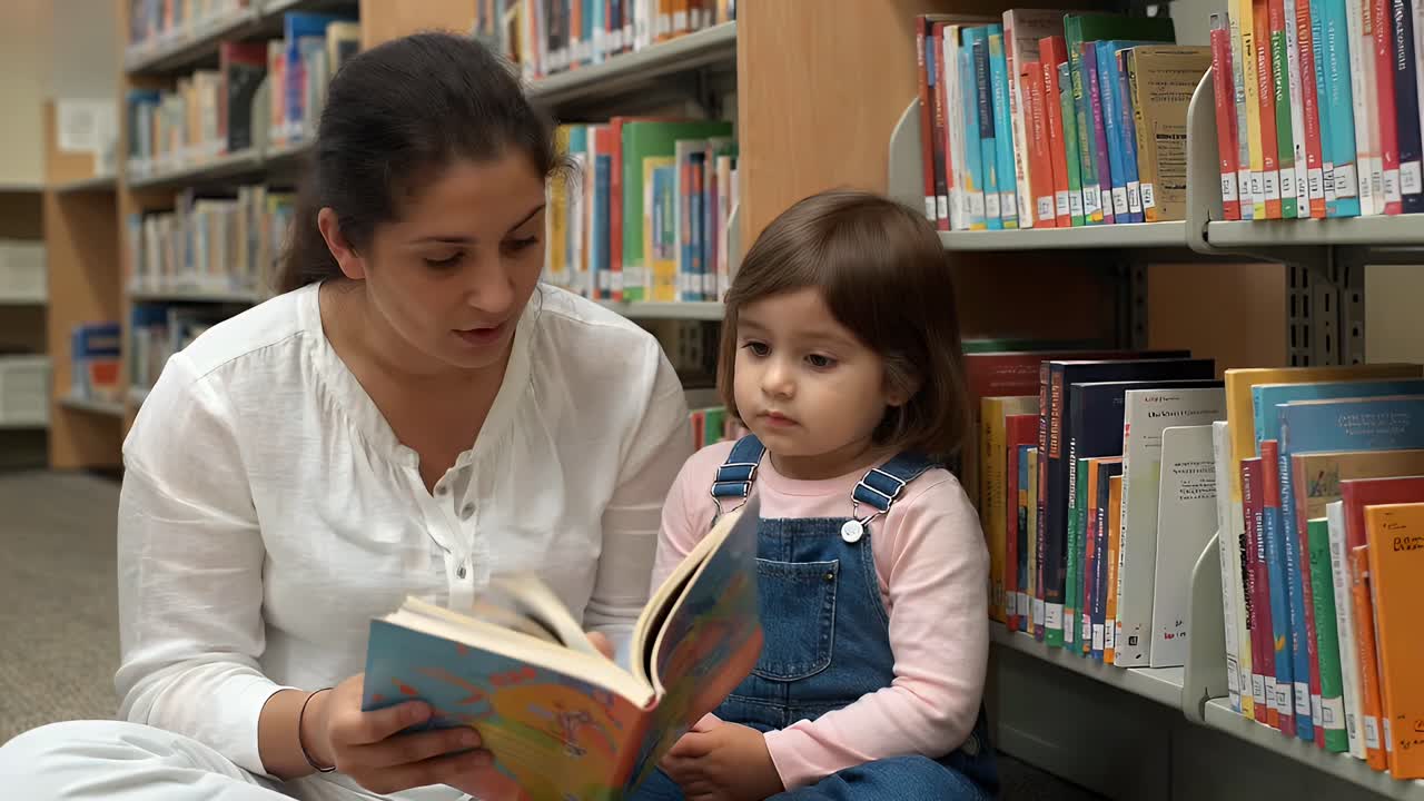 Mother Reading a Book to Her Young Daughter in a Library
