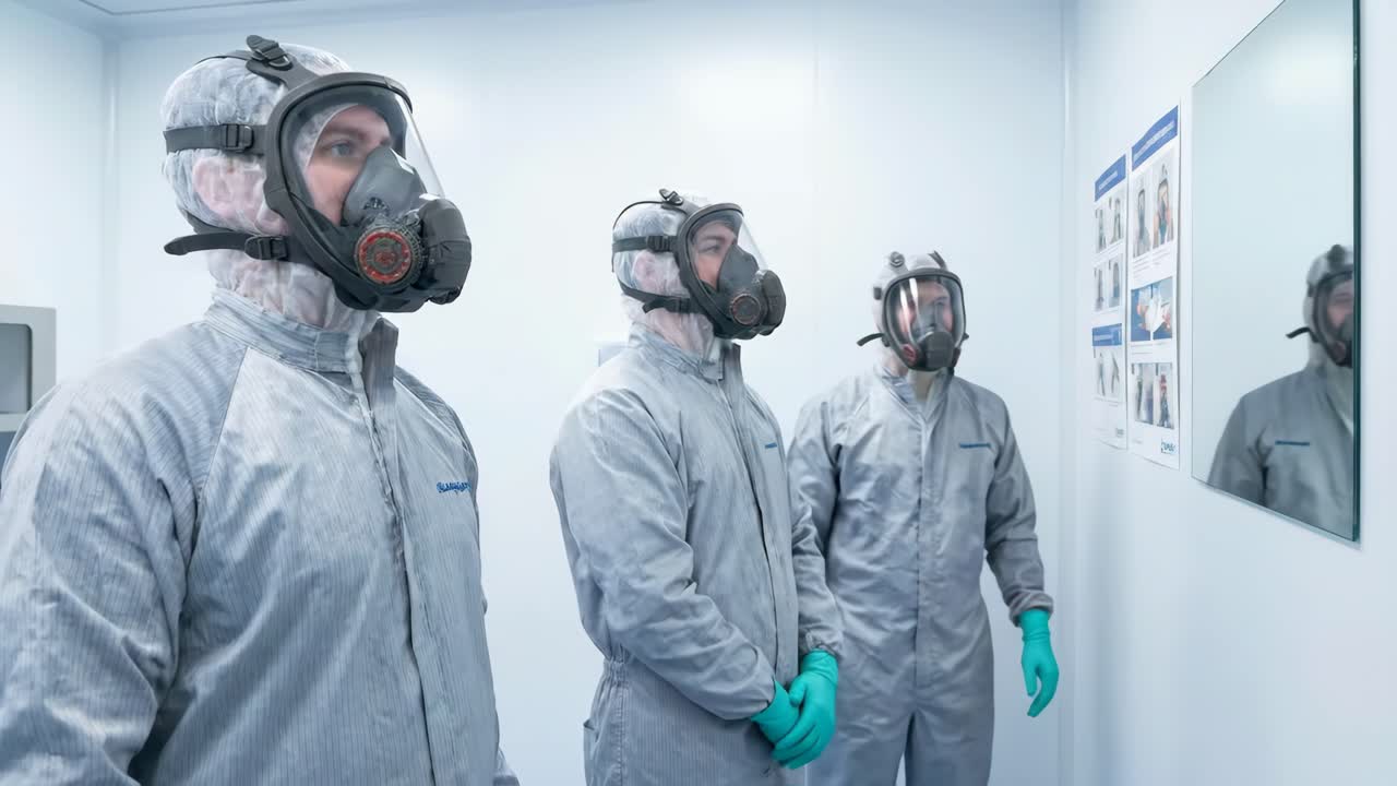 Operai con tute protettive e respiratori che si preparano in una camera bianca