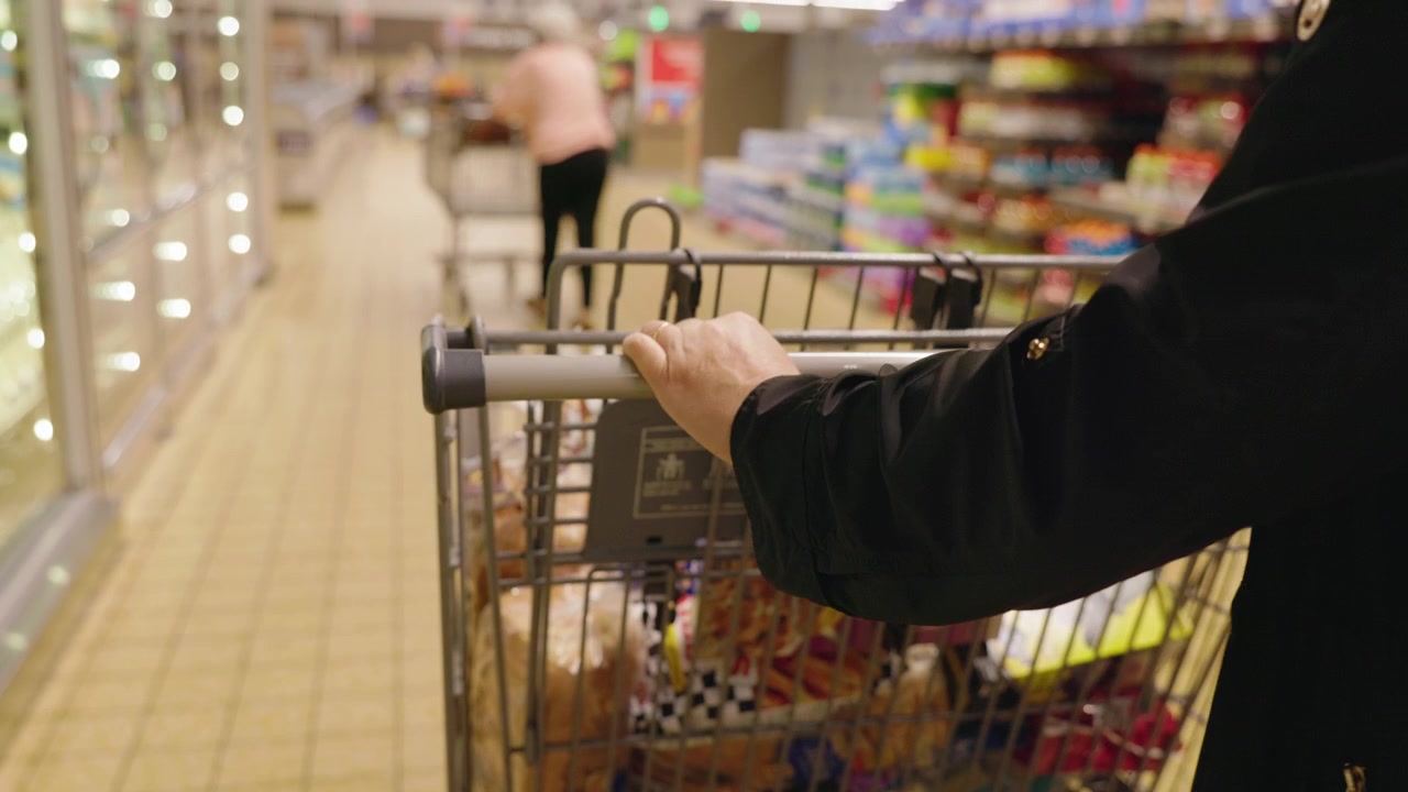 Person Pushing Full Shopping Cart Through Supermarket Aisle