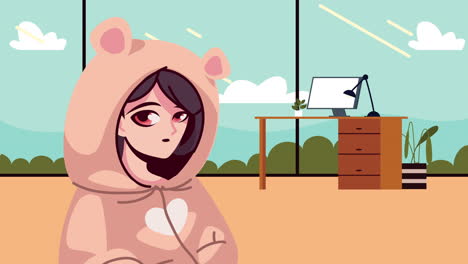 woman in bear hoodie in office