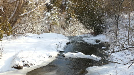 Fließender-Fluss-Im-Schneebedeckten-Wald