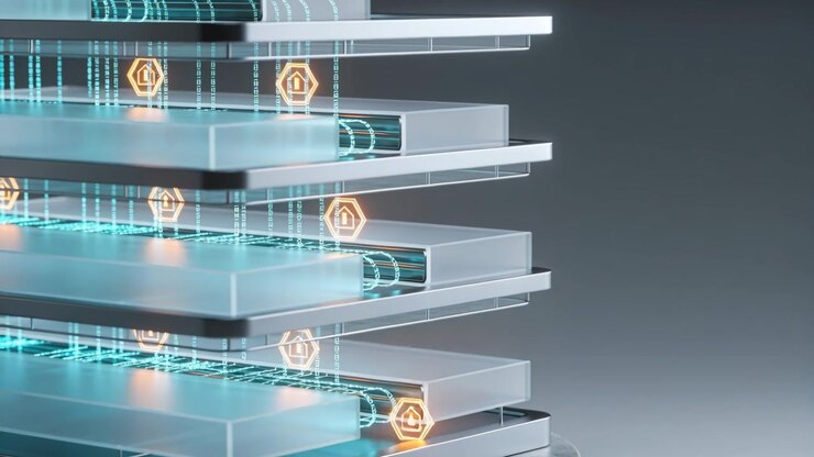 Pulsing teal streams activating frosted plates on pedestal, locking orange hex icons near cores